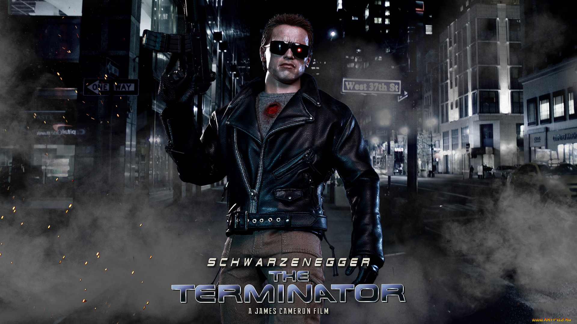 Обои Кино Фильмы Terminator, обои для рабочего стола, фотографии кино  фильмы, terminator, фон, мужчина, автомат, очки Обои для рабочего стола,  скачать обои картинки заставки на рабочий стол.